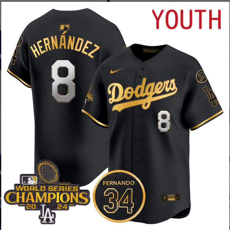 Youth  MLB Los Angeles Dodgers #8 Hernandez black 2024 World Series Champions Patch Limited Jersey->youth mlb jersey->Youth Jersey